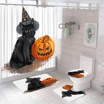 Skup zavjese za tuširanje s crna mačka na Halloween, акварельная šešir vještice u obliku bundeve, zavjese za kupaonicu s tepih za kupaonicu,, tepih, poklopac wc-a