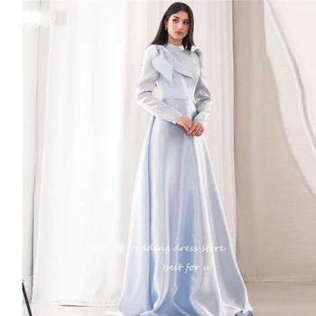 OLOEY, Elegantne svijetlo plava arapski ženske večernje haljine, skromne duge rukave, satin zrna sa visokim воротом, luk, elegantne večernje haljine za maturalnu večer