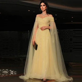 Sevintage / sjajna žuta haljina za prom, izvezena perle i šljokice, večernje haljine trapeznog oblika s otvorenim ramenima, Саудовское arabic večernja haljina, Dubai