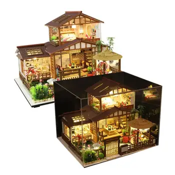 Minijaturni kuću svojim rukama, drvena kućica za lutke ručni rad u japanskom stilu, sa svjetlećim diodama, i glazbenim mehanizmom, Božićne ukrase, darove
