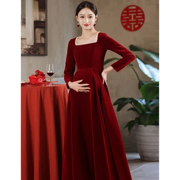 Tradicionalna kineska haljina za tost Cheongsam trudnica Smještaj večernja haljina s dugim rukavima za trudne mladenke Elegantan haljinu Ципао