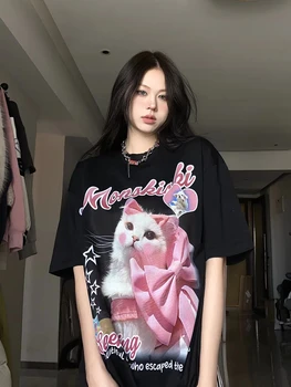 Majice s likom slatka mačka, ženske slatka korejski moderan vintage majice kratkih rukava, ljetna svakodnevni ženska t-shirt оверсайз s po cijeloj površini 2023