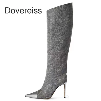 Dovereiss/Ženske cipele; Novo 2023 godine; Ženske čizme; Zimske Modne Srebrne čizme do koljena na ukosnica s oštrim vrhom; Velike Dimenzije 44 45 46