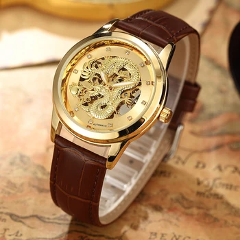 Muški satovi Luksuzni kineski zmaj Zlato muške Vodootporne sportske mehanički sat od nehrđajućeg čelika Poslovne ručni sat
