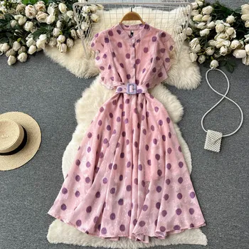 Ljeti je lijepo ružičastoj haljini s volanima, moderan dizajn donje haljina za modnu pistu, sa po cijeloj površini grašak, плиссированное elegantan haljinu za odmor s pojasom N6637