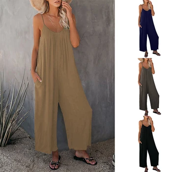 Ljetni modni casual slobodan kombinezon bez rukava, čvrste ženske hlače na ремешках, ženske ravne hlače na подтяжках s džepovima