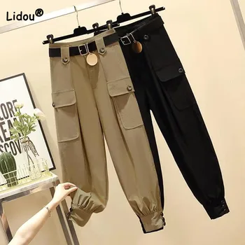 Modni korejski čvrste hlače-teretni, ženska odjeća, proljeće-jesen svakodnevne univerzalne hlače s džepovima za žene