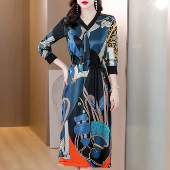 Donje svilenu haljinu midi s cvjetnim ispis u boho stilu 2023, koreanska verzija, Klasicni svakodnevno smještaj haljina, Proljeće-ljeto, novo svjetlo elegantna пляжное sunce