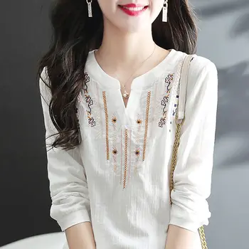 Proljetna nova bijela bluza s vezom, ženske košulje dugih rukava i V-izrez, besplatne univerzalne vrhovima, vintage moda ženska odjeća