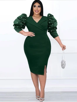 ONTINVA Green haljine velikih dimenzija za dame s V izrez i zelenim rukavima, izvezena perle, s visokim strukom dužine do koljena, uske večernje haljine 4XL