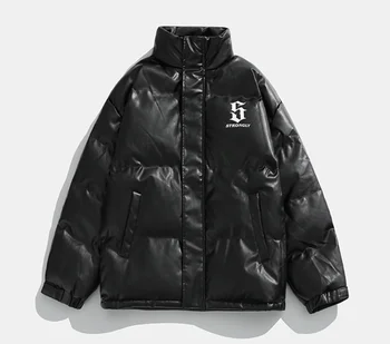 Muške zimske jakne parkovi sa postavom od umjetne kože Harajuku uličnu odjeću u stilu hip-hop sa буквенным po cijeloj površini, svakodnevne kaput unisex оверсайз