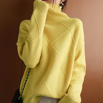Kašmir džemper, ženski pulover s visokim воротом, однотонный pletene pulover s visokim воротом, 100% čista vuna, slobodan džemper velike veličine, ženski