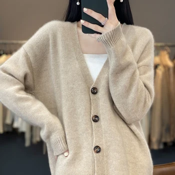 Novi ženski kardigan, pletene džemper od 100% čiste vune, kaput, jesen/zima, V-oblika dekoltea, slobodna moderna korejska jakna, odjeća za žene
