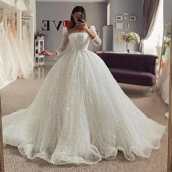 Odličan loptu haljina od sjajnih tila, vjenčanice za žene 2023 s okruglog izreza i dugim rukavima, vjenčanice princeze Robe De Mariée