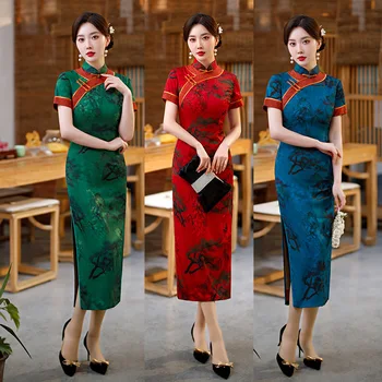 Tradicionalni ovratnik-satna s cvjetnim ispis, satiny ženski чонсам, elegantne gumbe ručne izrade u retro stilu, Ципао, kineska svakodnevno haljina