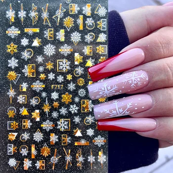 3D Božićne naljepnice za dizajn noktiju, sjajne zlatno-bijele, šarene, sjajne geometrijski pahuljice, zimski klizač, folije za nokte