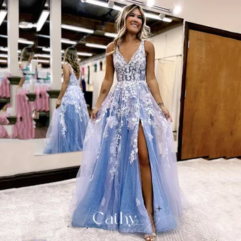 Haljina za prom Cathy Princess Čipkom vezom 2023, Slatka je Sjajna Večernja haljina Trapeznog oblika Plave boje, Sa Seksi prorezom sa Strane, Večernje haljine