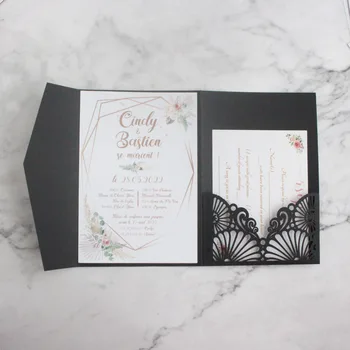Crna vjenčanje razglednica s laser-oštar, kovertu sa pozivnicom, džep sa cvjetnim dizajnom, personalizirane tekstualni ispis, 50 kom.