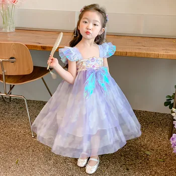 Panda Badi 2023, novo ljeto ljubičasta haljina Hanfu za djevojčice, tradicionalni kineski odjeća, haljina princeze s kratkim rukavima za djecu