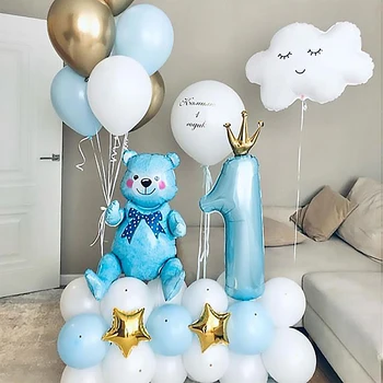 45 kom., crown broj 1, zrak, oblaci, skup balone s plavim medvjedom, 1. balon za party u čast rođenja dječaka, ukras za dječju dušu