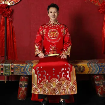 Tradicionalna kineska odjeća za vjenčanje tost, muško odijelo Xiuhe, crvena klasična odijelo mladoženje Tan, duga haljina s izvezenim u retro stilu