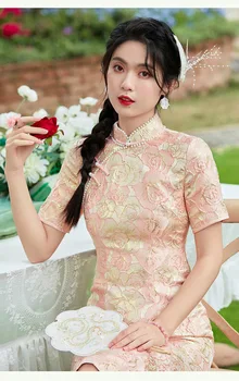 Kineski Stil Ružičasti Cvjetovi Жаккардового Tkati Ženske Ljetne Haljine Qipao
