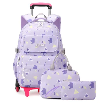3 kom. školske torbe za djevojčice, ruksak s kotačima, dječja torba za knjige na kotačima, školska torba-transporter za studente s paketom za ланча i torbom za olovke