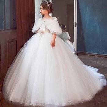 Bijele čipke, haljine za djevojčice s cvjetnim uzorkom, haljina za prvu pričest dužine do poda, elegantne banket haljine princeze