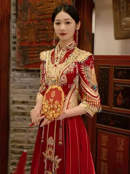 Yourqipao Plus veličine odjeće Xiuhe, ljetno kineska vjenčanicu Hanfu 2023, odjeća za tost za mladence, donje sjajna haljina haljine
