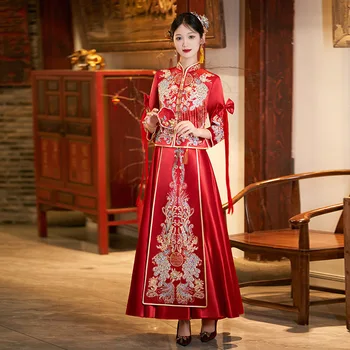 Ženska satin odjeća za tost, kineski stil, šljokice, izvlačenja, kićankama, vez, Vjenčanica
