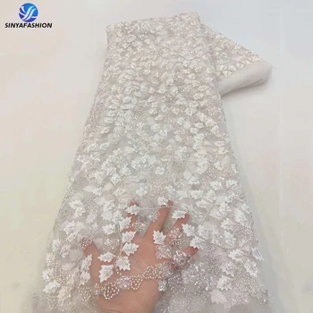 Sinya Lijepa bijela luksuzna cvjetne čipke tkanina s 3D aplikacija i šljokice, perle, topla rasprodaja, vez, francuska čipkan vjenčanicu od perli