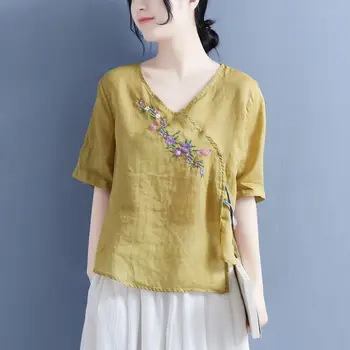 2023 kineski tradicionalni tanak pamuk lana top, ženska majica sa slobodnim rukava u etničkom stilu s vezom u retro stilu, ženska vintage bluza hanfu