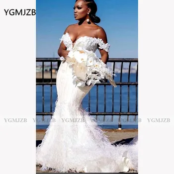 Vjenčanje haljine Sirena iz Južne Afrike do 2022, velike dimenzije, perle s otvorenim ramenima, biseri s perjem, vjenčanice za mladence iz Dubaija na red