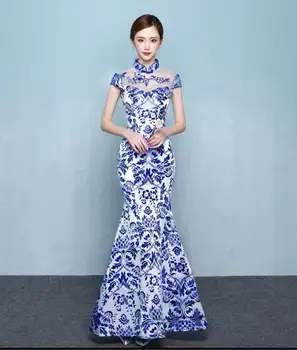 Kineska donje plavo-bijelu haljinu za predstave na sceni od keramike Cheongsam plave boje