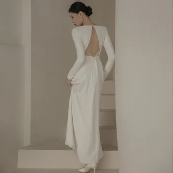 Jednostavno vjenčanicu sa dugim rukavima, vjenčanica je bijela атласное loptu haljina s otvorenim leđima, Vestidos De Novia
