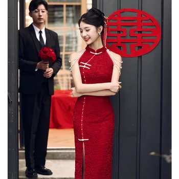 Seksi odjeća za tost Cheongsam, Ljetno malo haljina za zaruka, bordo-crveno čipkan vjenčanicu Qipao za mlade simetričan žene u kineskom stilu