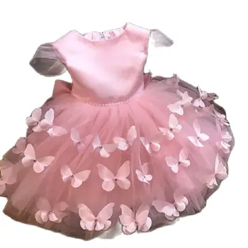 2024 Kvalitetan smještaj haljinu za rođendan s biserima, ružičasto-crvenom raskošnom haljina od tila za djevojke u cvijetu s 3D leptirićima Vestidos