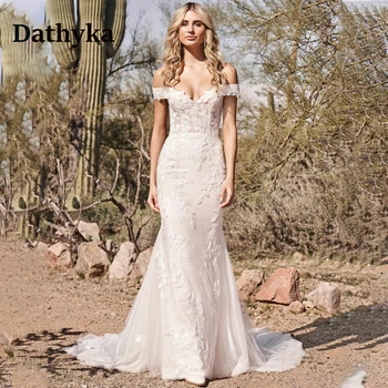 Dathyka, elegantan svadbeni haljina sirena za vjenčanja, aplike iz lišća tila, gumbi s otvorenim ramenima, haljinu mladenka, šivana po mjeri