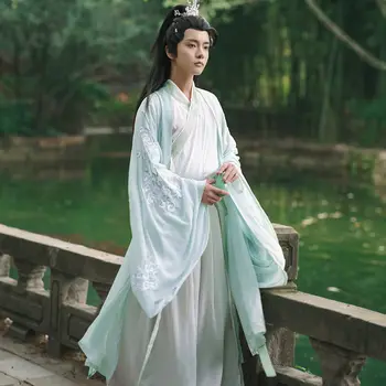 Originalni kineski Hanfu za muškarce, ljetna zelena košulja sa unakrsna ovratnik i širokim rukavima, nevjerojatan odjeću, 3 kom. pune kostimi