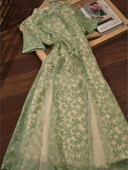 Zelena haljina za žene, francuska kvalitetan fin ципао s kratkim rukavima, ljeto 2023, novu i bolju haljinu Чонсам u kineskom stilu