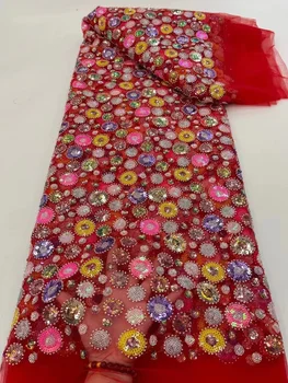 Afrička cvjetne čipke tkanina s teškim crvenim šljokicama i perlicama, пайетки za vjenčanicom, luksuzno večernja haljina, francuski tila, сетчатое čipka, 5 metara