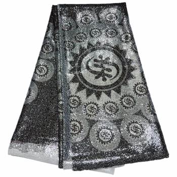 Sjajna cvjetne čipke tkanine, šljokice u afričkom stilu za Ženske haljine, Šljokice, Crno-bijelo, 5 metara/party