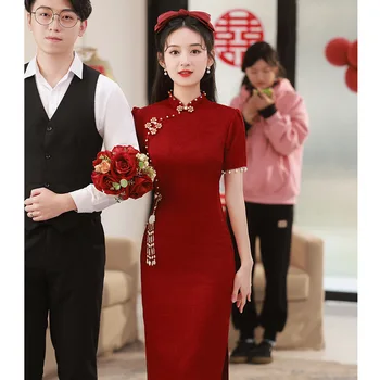 Yourqipao Vjenčanja odjeća za tost, kineska ljetno malo бордовое haljina Cheongsams za zaruka, ženske vjenčanica Xiuhe
