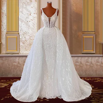 Svadba haljina Sirena s biserima i odvojivim suknju, držači vjenčanje haljine s dubokim V-izrez, izvezena perle, ženske 2023 Robe De Mariée