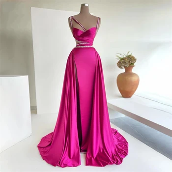 2023 Tamno ružičaste haljine Sirena s perlicama i бретельками sjajna atlas Dubai Formalni Arabija nabrane haljine celebrity Vestidos De