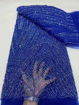 Kraljevski plava (5 metara/kom) cjevasti visoke kvalitete zrna, izvezena šljokicama čipke i držači bling, afrička i francuska neto cvjetne čipke tkanina za zurke