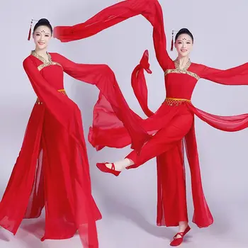 Crvena ženski estetski klasični ples Hanfu s vodenim rukavima haljina za nastupe, rukavi-ljuljačka, zadivljujući ples