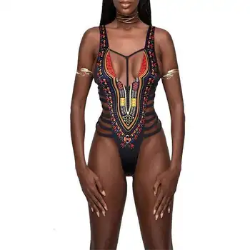 Ženski jednodijelni kupaći kostim bikini u etničkom stilu s nekoliko remenčićima i po cijeloj površini