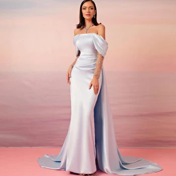 Karolina s otvorenim ramenima nebo-plave večernje haljine za žene, Saudijska Arabija, kratki rukav, Vintage vjenčanice za goste, elegantne večernje haljine