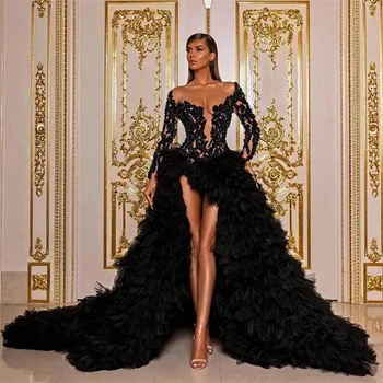 Kadisua Crno seksi večernje haljine s dugim rukavima, čipke petlja, s otvorenim ramenima, bez naslona, bogata, расшитое perle smještaj haljina Casamento